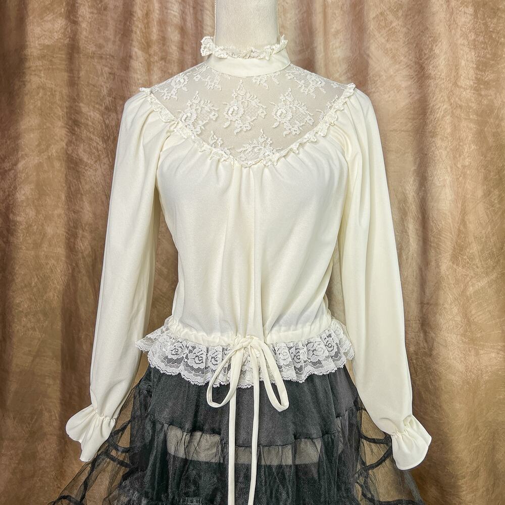 Vintage Victorian Lace Blouse 70s Puffy Sleeve Sheer Medieval Lolita Renaissance
